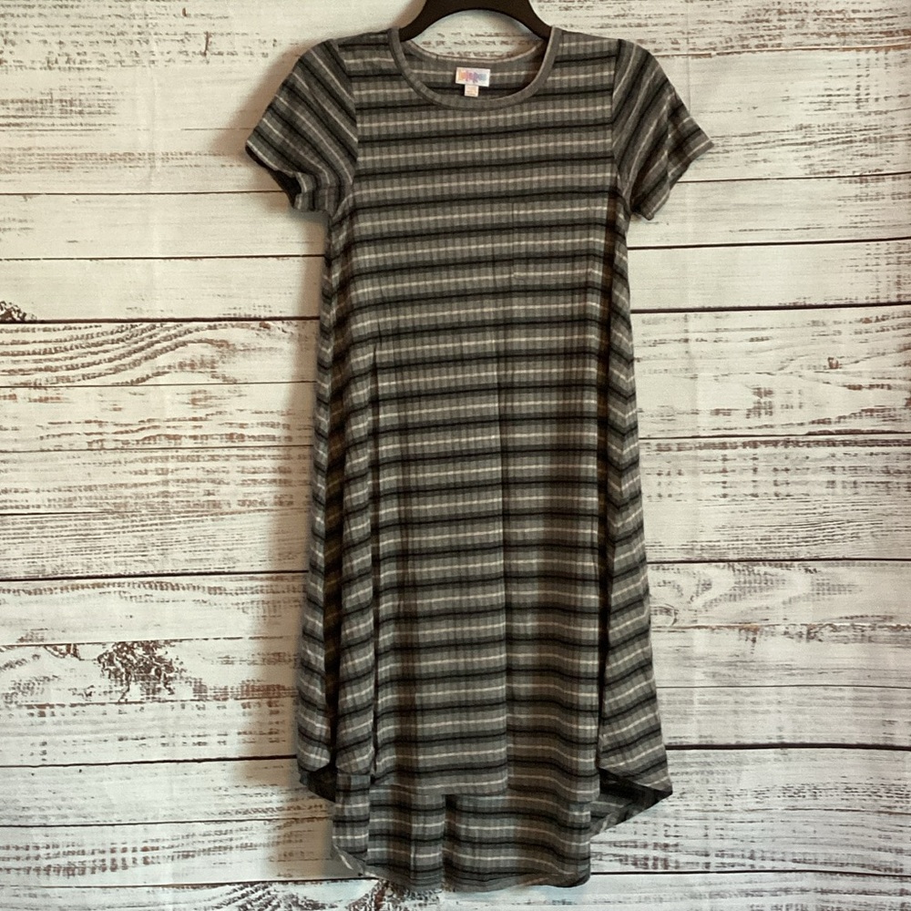 LuLaRoe Carly Black and Gray Striped High Low Dress